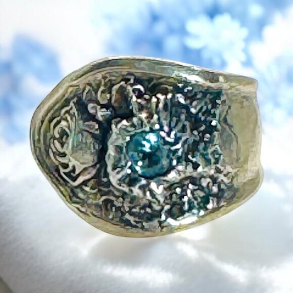 Vintage Oneida Reliance Plate Spoon Ring W Aquamarine & Artisan Boho Metalwork - Picture 1 of 17